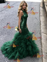 Green Mermaid Sequins Halter Prom Dress