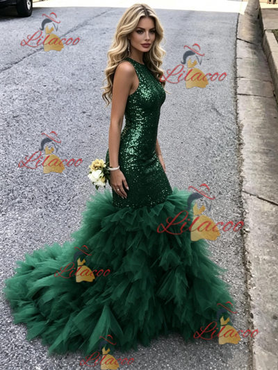 Green Mermaid Sequins Halter Prom Dress