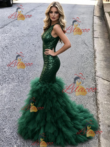 Green Mermaid Sequins Halter Prom Dress