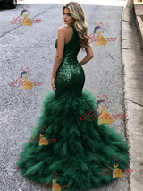 Green Mermaid Sequins Halter Prom Dress