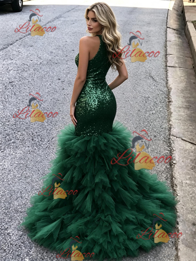 Green Mermaid Sequins Halter Prom Dress