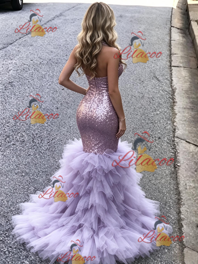 Purple Mermaid Sequins V-neck Prom Dress