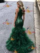 Green Mermaid Sequins Halter Prom Dress