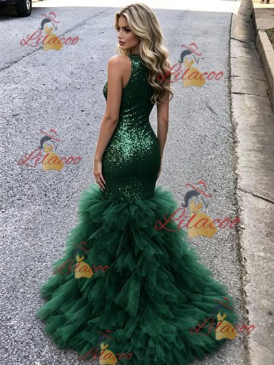 Green Mermaid Sequins Halter Prom Dress