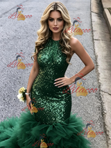 Green Mermaid Sequins Halter Prom Dress