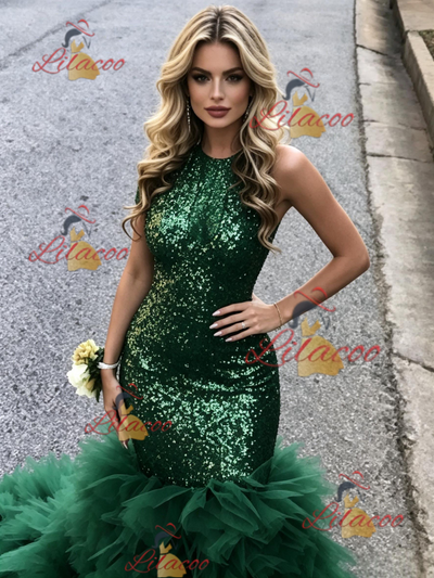 Green Mermaid Sequins Halter Prom Dress