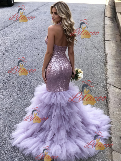Purple Mermaid Sequins V-neck Prom Dress