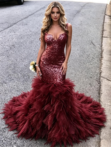 Burgundy Tulle Sequins Prom Dress