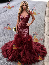 Burgundy Tulle Sequins Prom Dress
