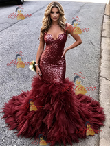Burgundy Tulle Sequins Prom Dress