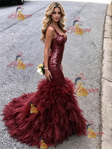 Burgundy Tulle Sequins Prom Dress