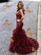 Burgundy Tulle Sequins Prom Dress