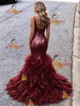 Burgundy Tulle Sequins Prom Dress