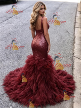 Burgundy Tulle Sequins Prom Dress