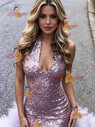 Purple Mermaid Sequins V-neck Prom Dress