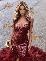 Burgundy Tulle Sequins Prom Dress
