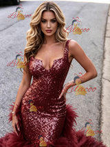 Burgundy Tulle Sequins Prom Dress