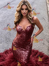 Burgundy Tulle Sequins Prom Dress