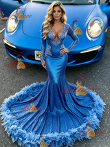 Blue Mermaid Sequins V-neck Prom Dress