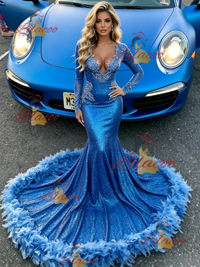 Blue Mermaid Sequins V-neck Prom Dress
