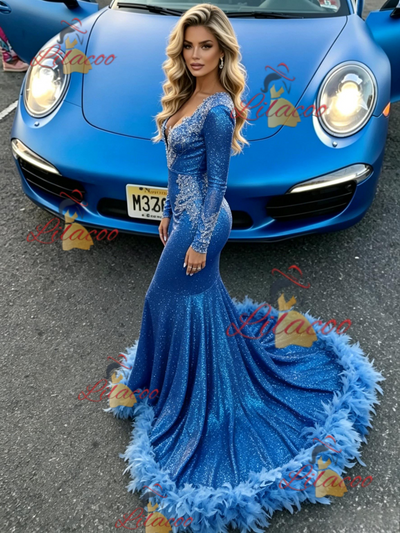Blue Mermaid Sequins V-neck Prom Dress