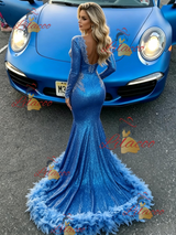 Blue Mermaid Sequins V-neck Prom Dress