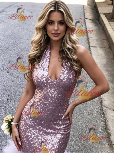 Purple Mermaid Sequins V-neck Prom Dress