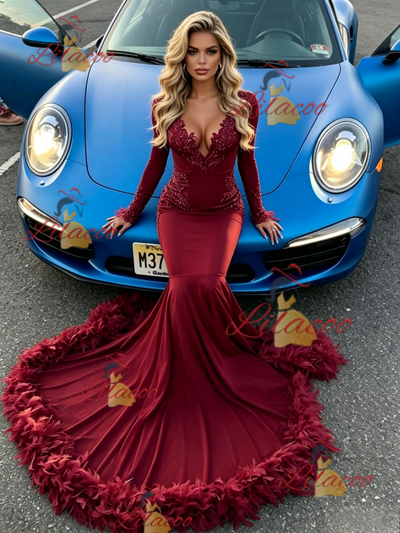 Burgundy Mermaid Long Sleeve Prom Dress