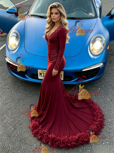 Burgundy Mermaid Long Sleeve Prom Dress