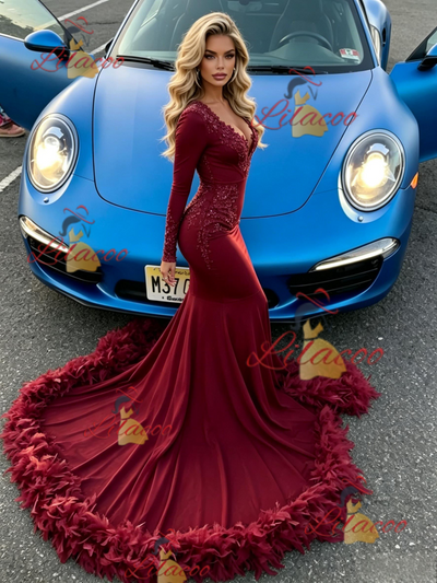 Burgundy Mermaid Long Sleeve Prom Dress