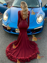 Burgundy Mermaid Long Sleeve Prom Dress