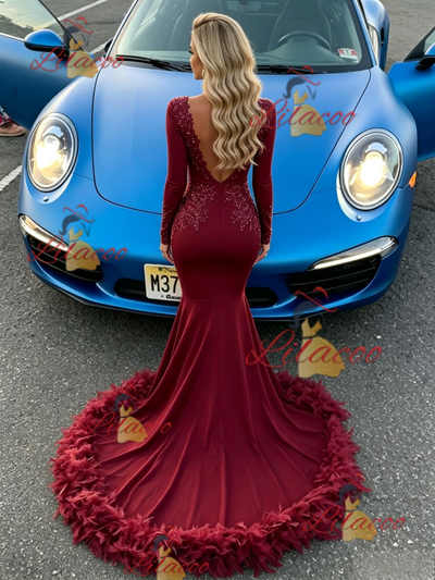 Burgundy Mermaid Long Sleeve Prom Dress