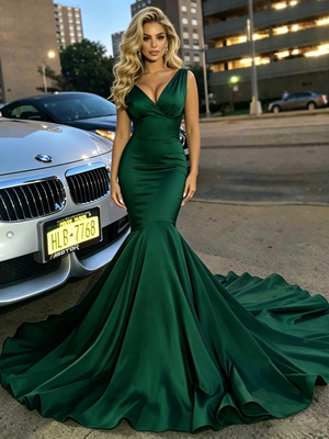 Green Mermaid V-neck Satin Prom Dress