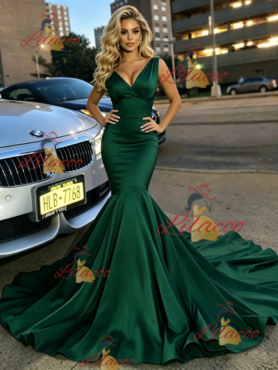 Green Mermaid V-neck Satin Prom Dress
