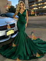 Green Mermaid V-neck Satin Prom Dress
