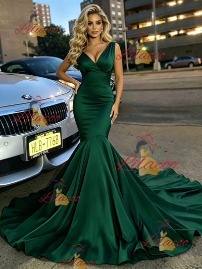 Green Mermaid V-neck Satin Prom Dress