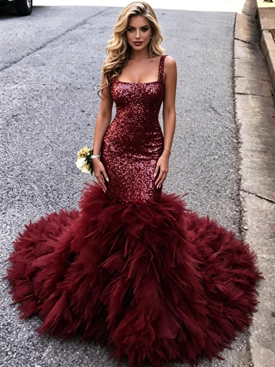 Bugrundy Mermaid Sequins Straps Prom Dress