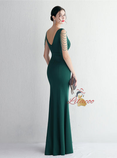 Mermaid V-neck Pleats Beading Prom Dress