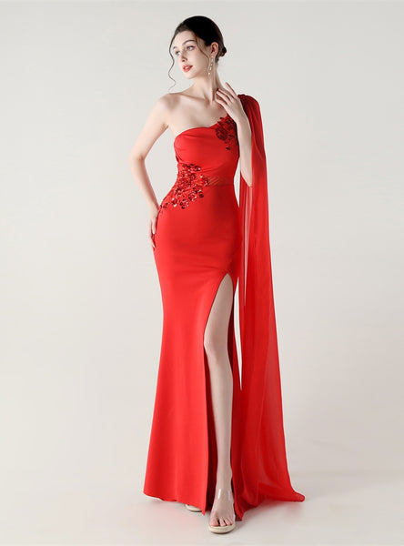 Mermaid One Shoulder Appliques Split Prom Dress