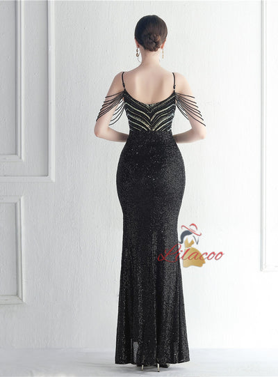 Spaghetti Straps Sequins Beading Prom Dress