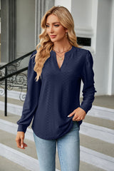 Solid Color V-neck Jacquard Long Sleeve T-shirt