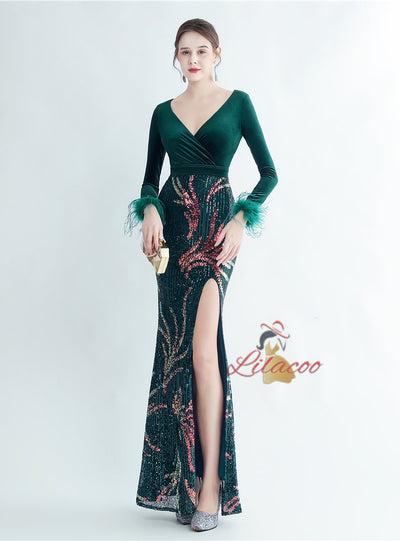 Velvet Sequins Long Sleeve V-neck Prom Dress