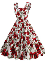 Square Neck Suspender Vintage Printed Dress