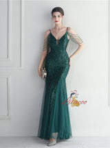Mermaid Sequins Tulle Spaghetti Straps Beading Prom Dress