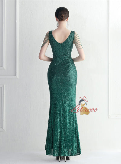 V-neck Sequins Beading Split Prom Dress