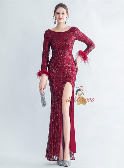 Long Sleeve Split Sequins Prom Dress