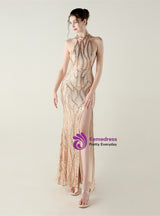 Halter Mermaid Sequins Backless Prom Dress