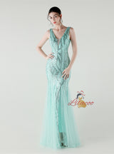 Mermaid Tulle Sequins V-neck Prom Dress