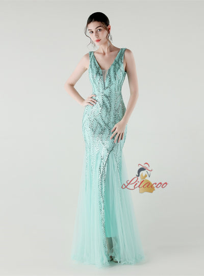 Mermaid Tulle Sequins V-neck Prom Dress