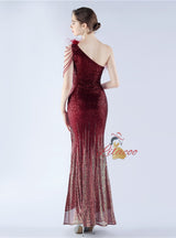 One Shoulder Sequins Split Prom Dress